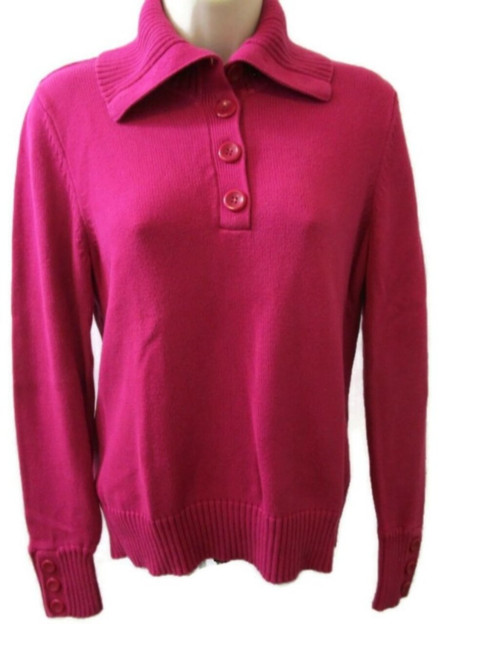 August Silk 100% Cotton Sweater Size Medium Button Neck Pullover Turtleneck Pink